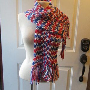 Vintage Red, White, and Blue Handmade Crocheted Fringed Scarf